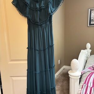 Teal Anthropologie/Mable Maxi dress/ruffle off the shoulder.